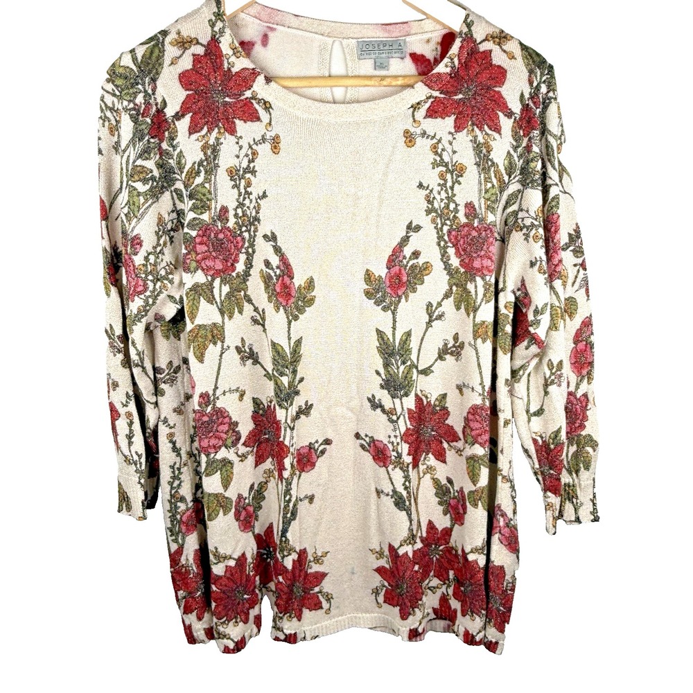 Joseph A‎ Floral Design Long Sleeve Peasant Knit Top Metallic Thread Womens Med